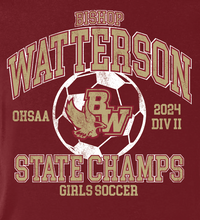 Load image into Gallery viewer, BW GIRLS SOCCER STATE CHAMPS CARDINAL LONG SLEEVE TEE
