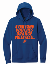 Load image into Gallery viewer, EVERYONE WATCHES ORANGE VOLLEYBALL BLUE HOODIE
